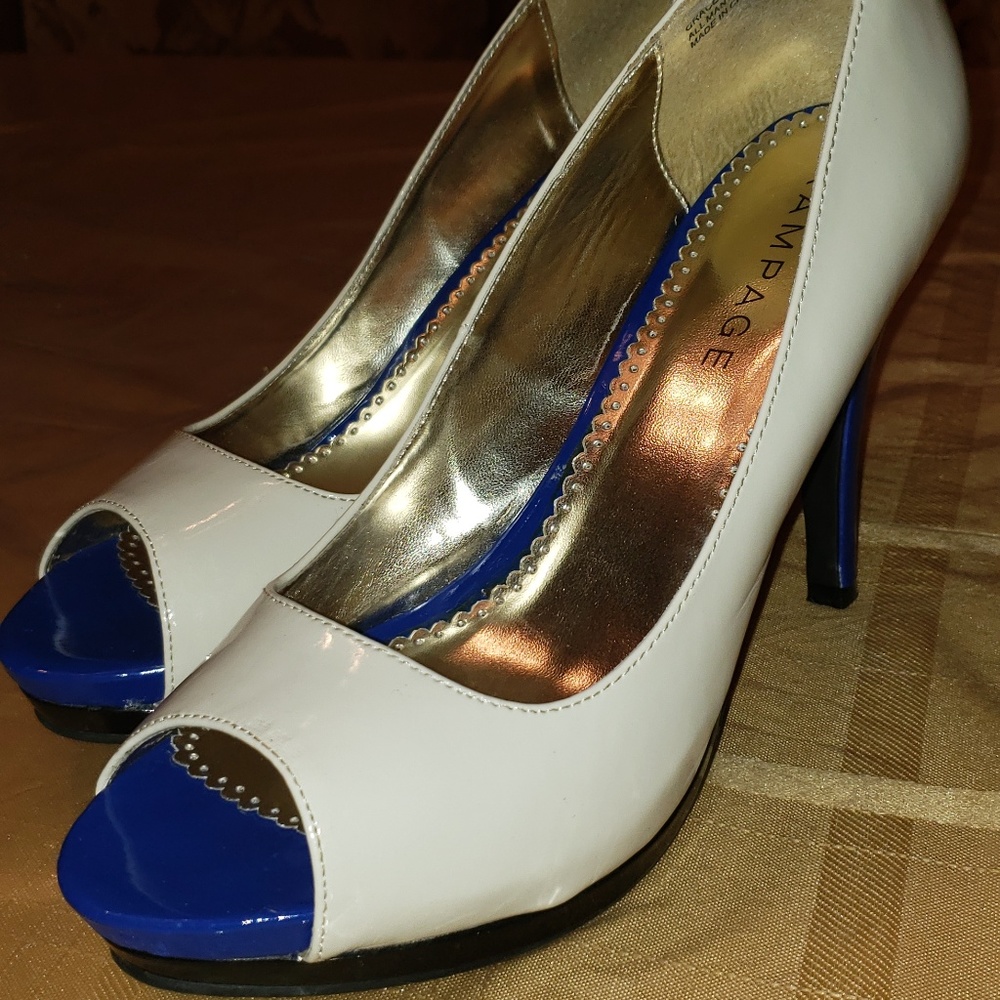 Rampage Peep Toe Heels Bone White/ Cobalt Blue